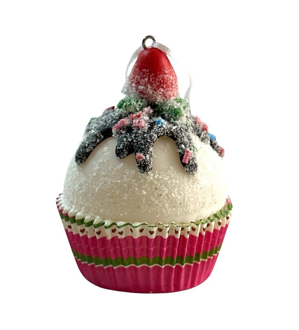Christmas Cupcake Ornament Chocolate Drizzle Candy Sprinkles Glitter 3.5”